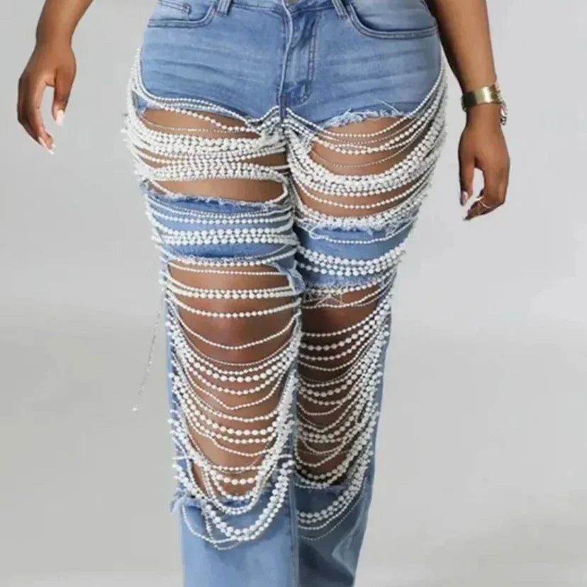 Women Fashion Pearl Beading Ripped Hollow Out Tassel Wide Leg Jeans 2024 New Summer INS Street Denim Pants Trousers