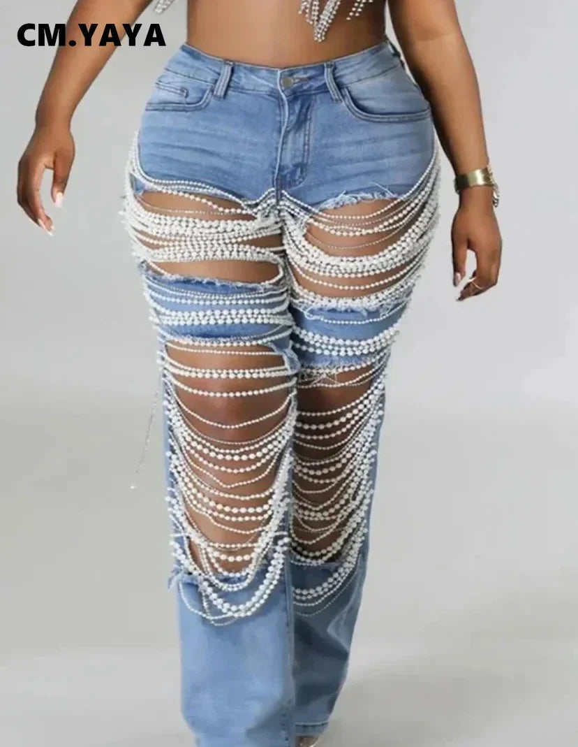 Women Fashion Pearl Beading Ripped Hollow Out Tassel Wide Leg Jeans 2024 New Summer INS Street Denim Pants Trousers