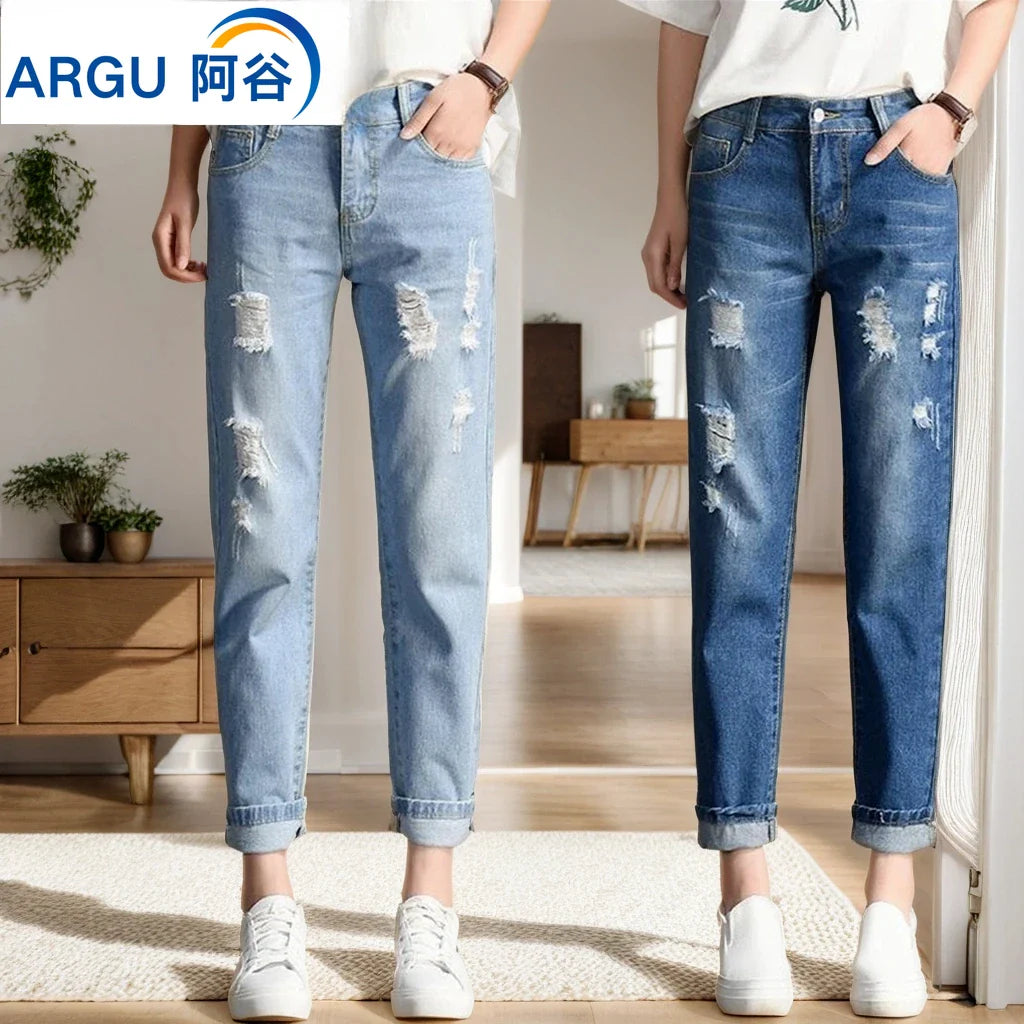 Casual High Street Denim Pants Women Fashion Mid Waist Big Ripped Hole Jeans Sexy Vintage Pencil Calca High Waisted Jeans