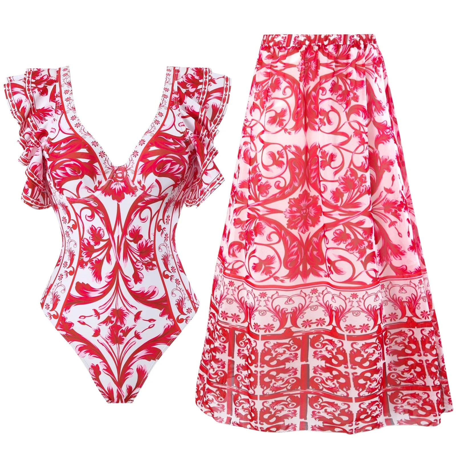 New Retro Off Shoulder Ruffle Printed Bikini Set Swimsuit Women Swimwear Beachwear Bikinis Bathing Suit Beach Vacation Outf Set 11