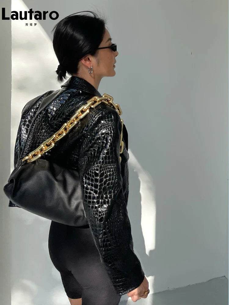 Spring Autumn Short Cool Stylish Shiny Reflective Crocodile Print Patent Pu Leather Jacket Women Runway Fashion 2023