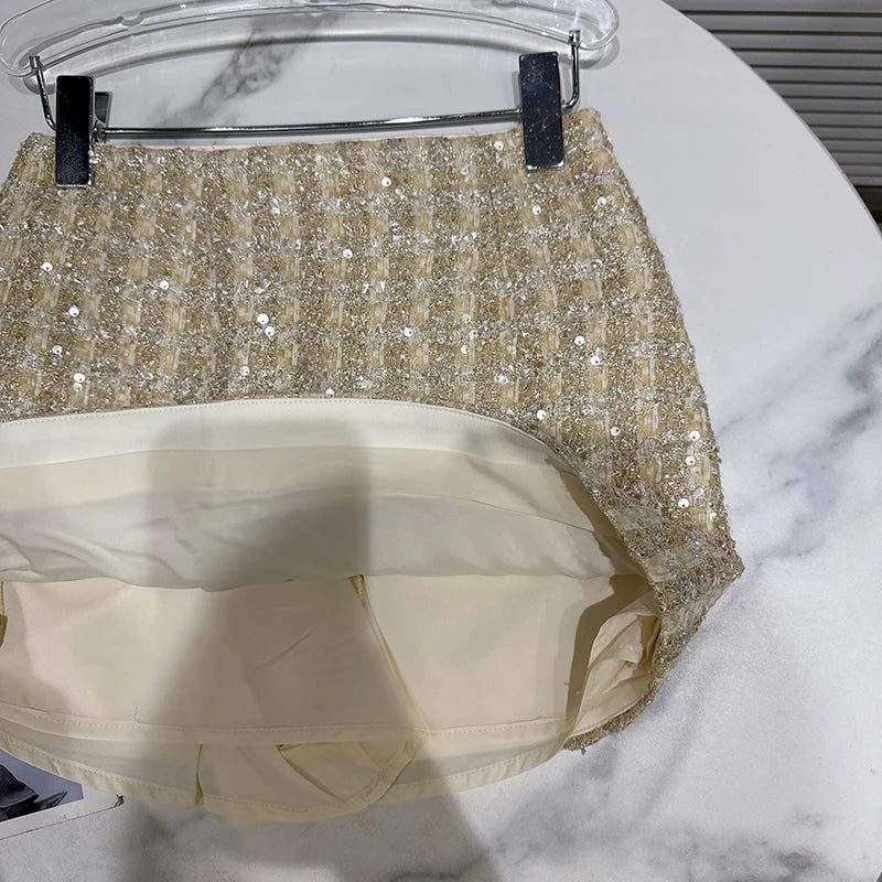 Winter New Fashion Style Sequin Woven Tweed Short Skirt For Women High Waist A-line Wrapped Hip Skirts 11A07805