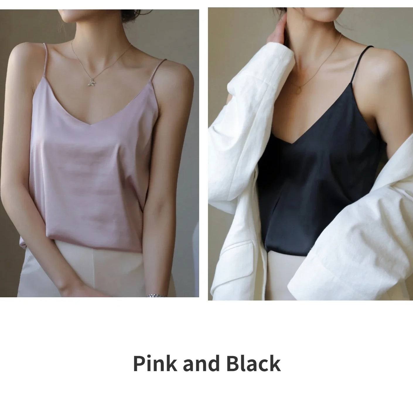Grey Camisoles for Women Acetate SATIN Loose Summer Spaghetti Strap Tank Top Solid V-neck Fashion Sexy Backless Tanks & Camis Pink and Black