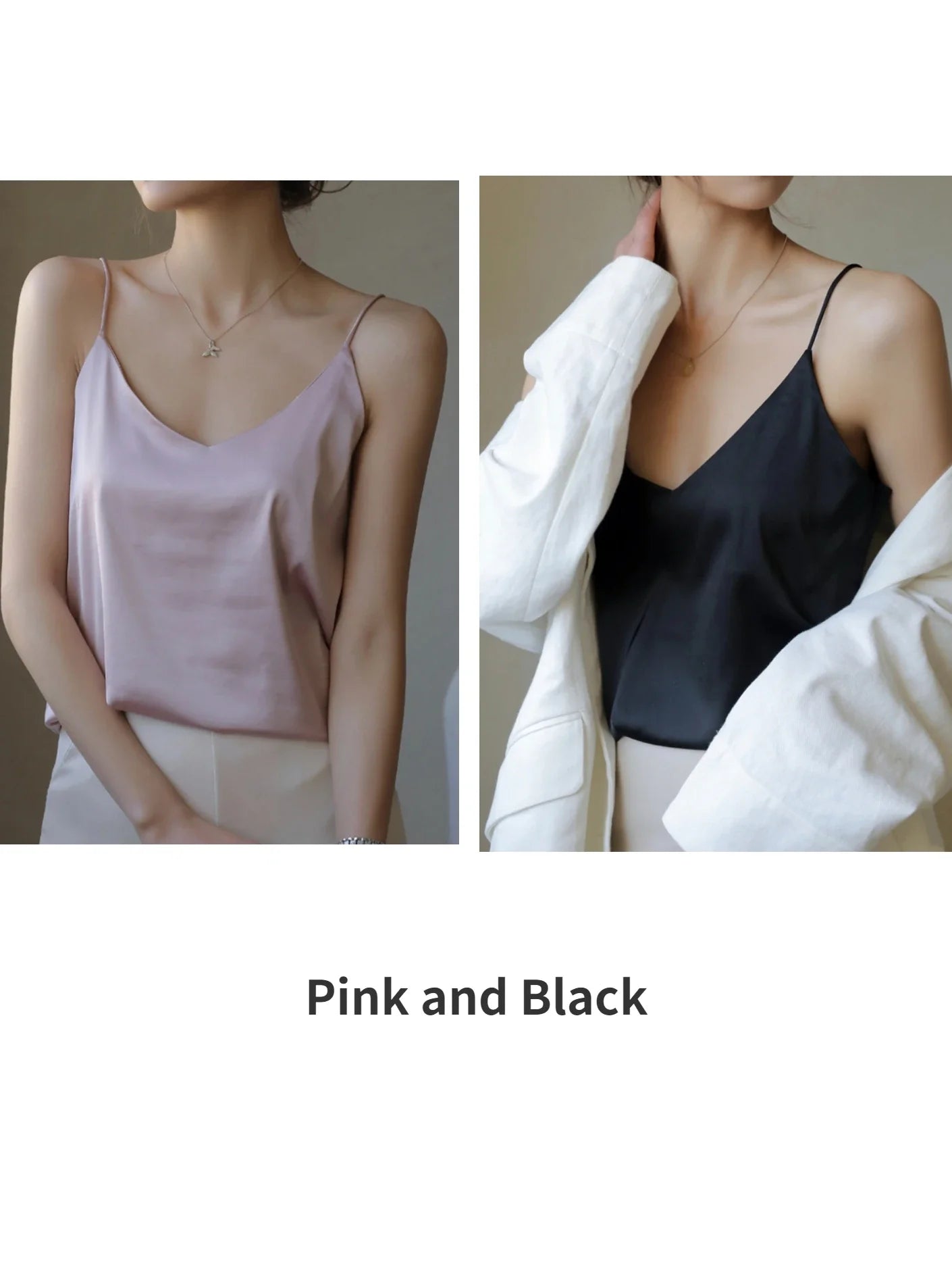 Grey Camisoles for Women Acetate SATIN Loose Summer Spaghetti Strap Tank Top Solid V-neck Fashion Sexy Backless Tanks & Camis Pink and Black