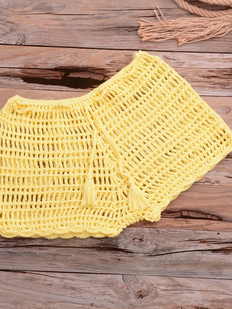 Crochet Hollow Out Tassel Beach Cover Up Sexy Women Mini Tops Beachwear Bikini Swimwear Bathing Suit Cover Up Yellow Bottom One Size