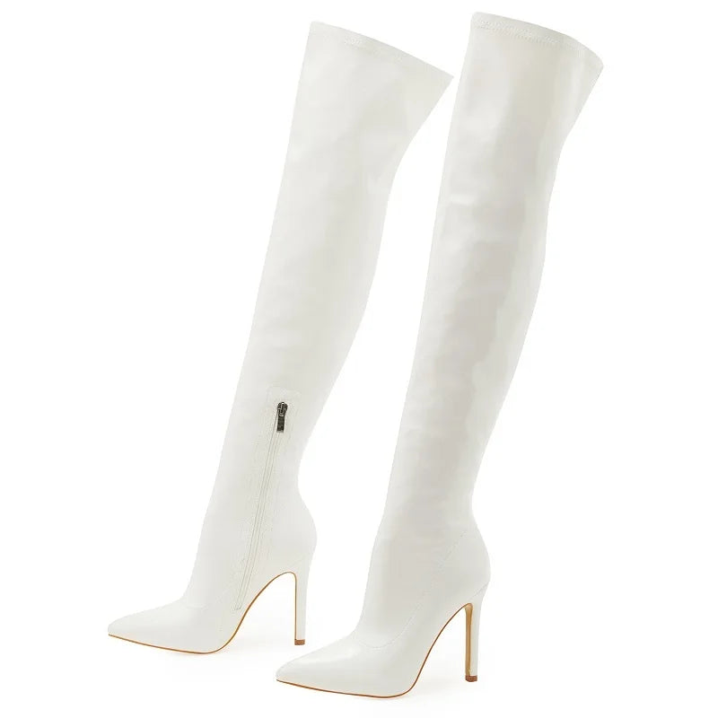 Eilyken Sexy Stiletto High Heels Women Over-the-Knee Boots Pointed Toe Strippers Ladies Shoes Pole Dancing Long Botas De Mujer White