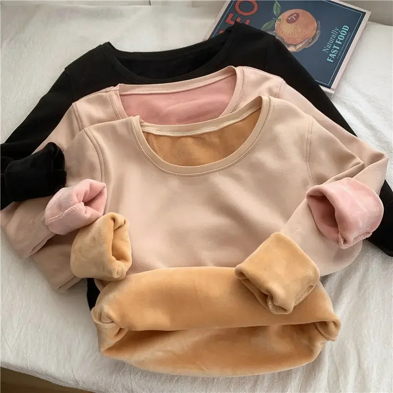 Women Autumn Winter Bottoming Shirt Constant Temperature Plus Velvet Long-sleeved T-shirt Plus Velvet Heating Thermal Top