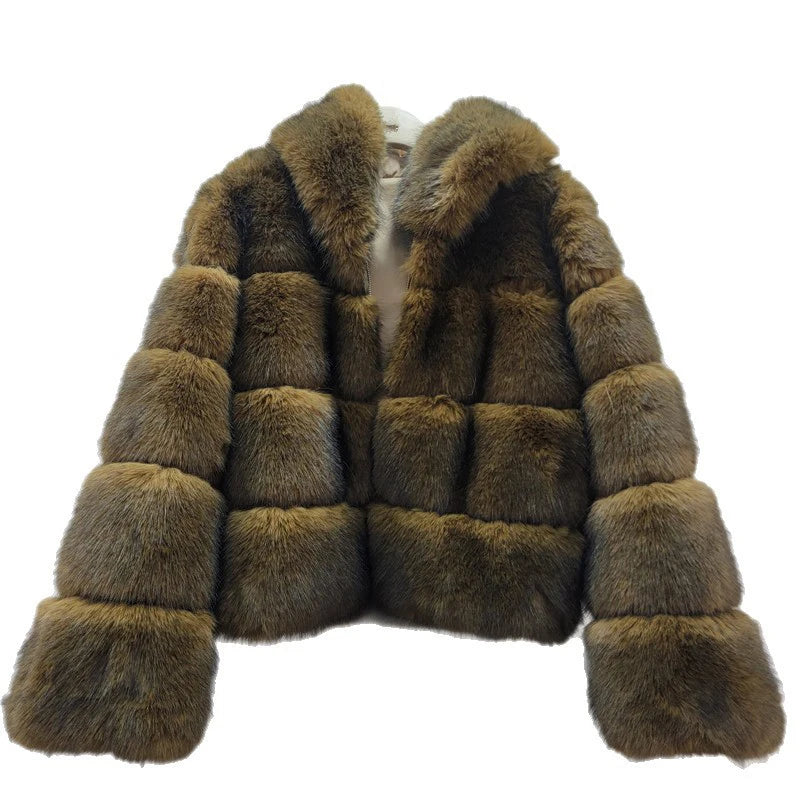 Winter New Fashion Hooded Short Faux Fur Coat For Women Loose Versatile Loose High Quality Overcoat Female 11A07878