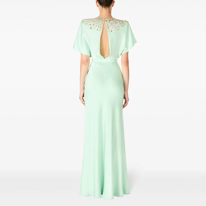 Solid Slimming Spliced Bead Luxurious Dresses for Women Round Neck Short Sleeves Tunic Elegant Dress Female Fashion