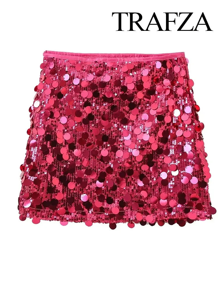TRAFZA Women New Fashion Y2K Shiny Sequin Skirt Female Elegant High Waist Mini Skirts Casual Woman Sexy Chic Party Skirts