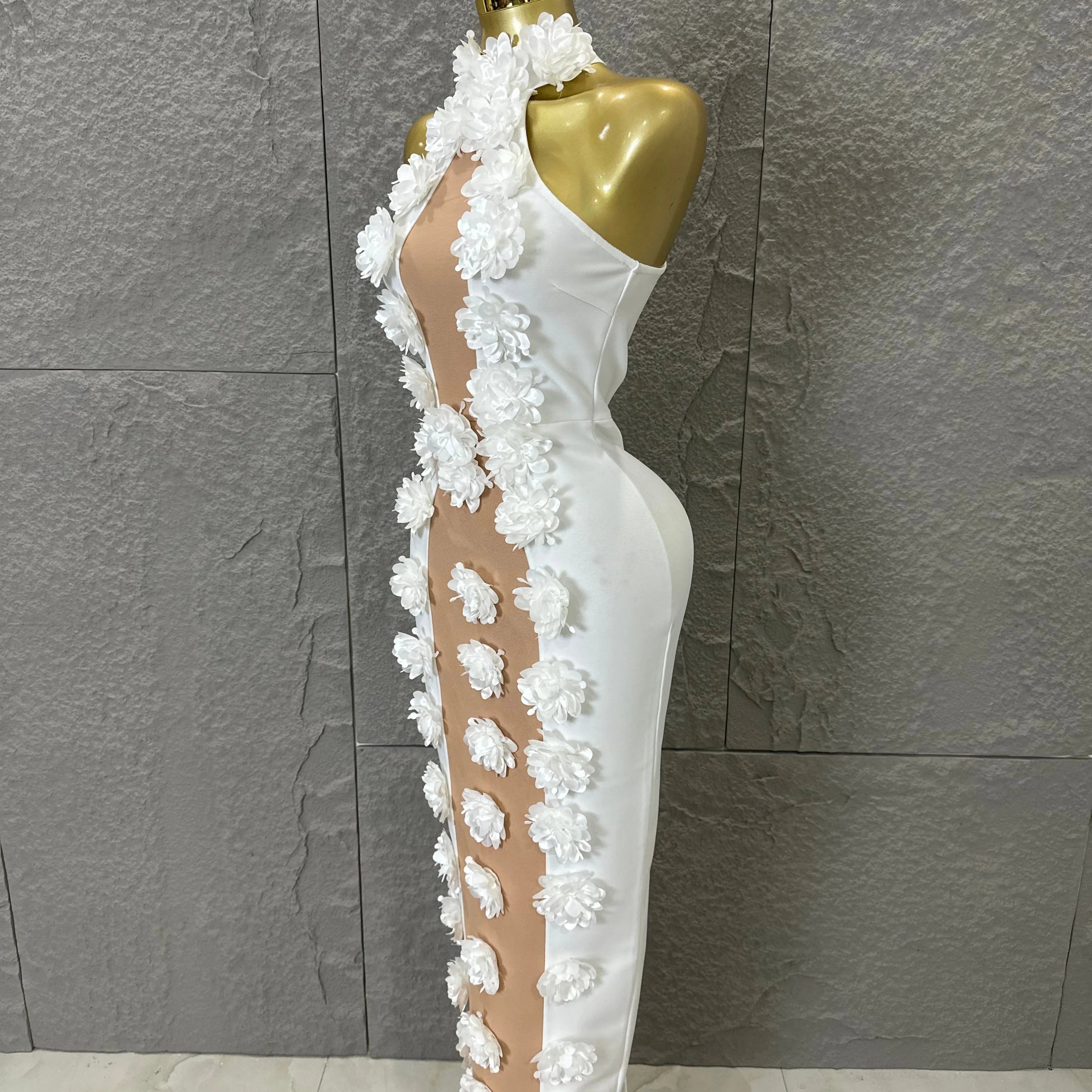 White Halter Neck Maxi Dress Women Sexy Sheer Nude Mesh 3D Floral Applique Form-Fitting Outfit Formal Event Party Costume