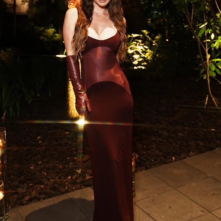 Luxury Women Celebrity Sexy Sleeveless Mesh Burgundy Maxi Long Gowns Dress 2025 Elegant Evening Party Club Vestido