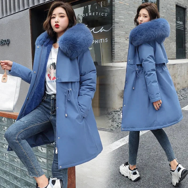 Winter Jacket Women Parka Clothes Long Coat Wool Liner Hooded Jacket Fur Collar Thick Warm Snow Wear Padded Parka Blue