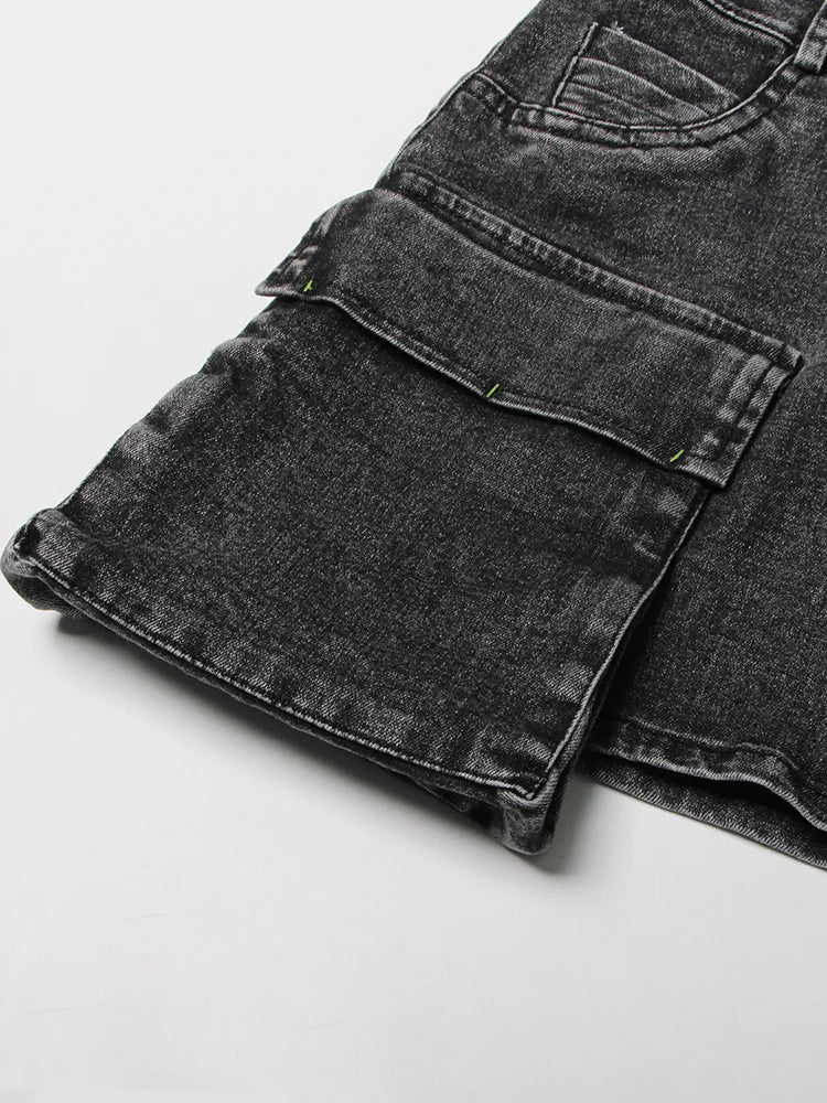 Black Two Piece Sets For Women Lapel Long Sleeve Short Top High Waist Patchwork Pocket Mini Skirt Denim Set Female