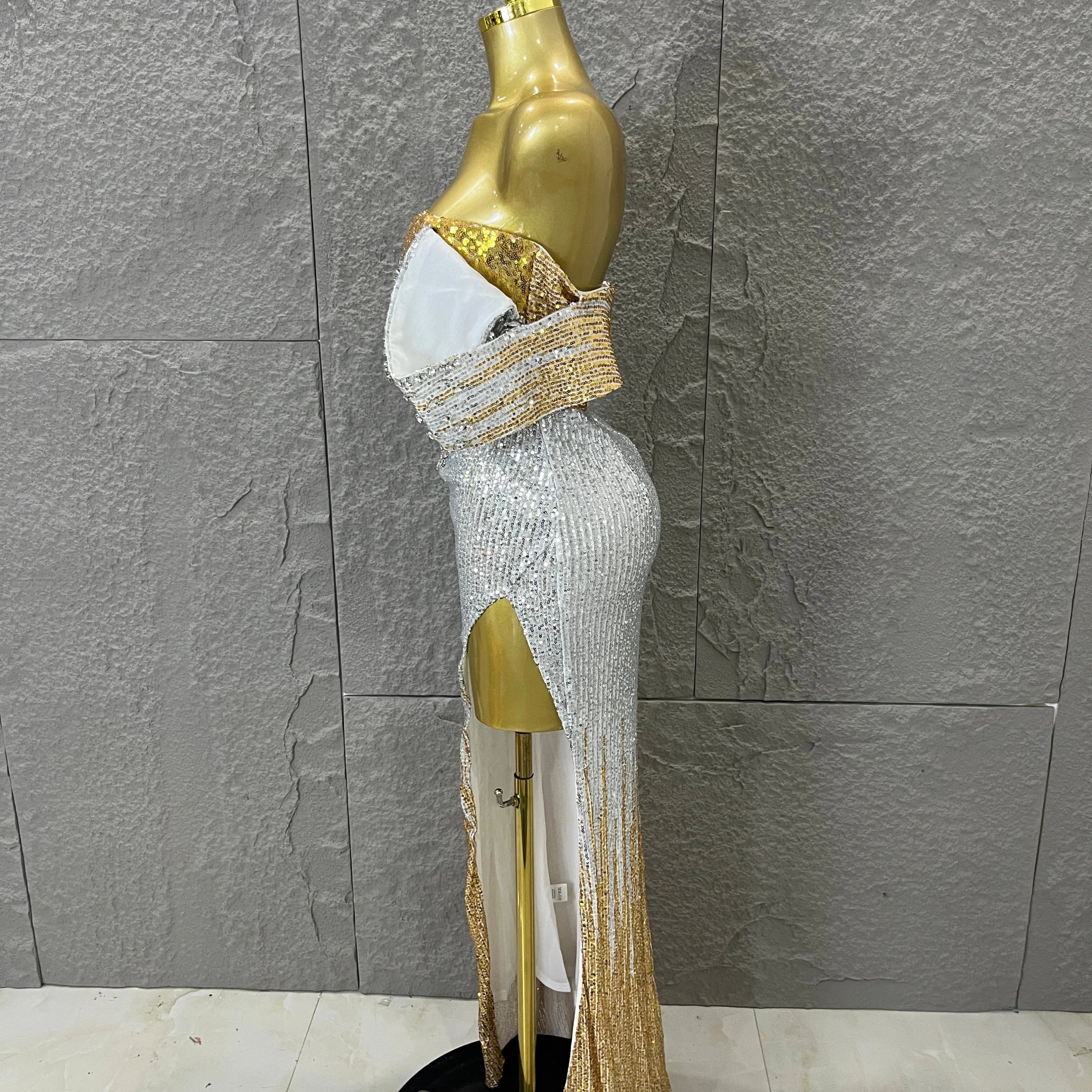 Sparkly Silver Gold Sequin Off Shoulder High Slit Dress Allover Glitter Evening Party Club Birthday Gala Celebration Event