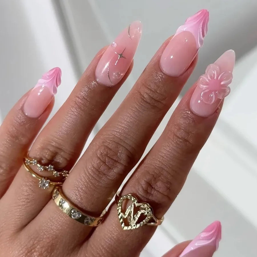 24pcs/set Medium fake nails for women girls 3D embossed flowers fruit shell rhinestones design Almond tips press on false nail 2731