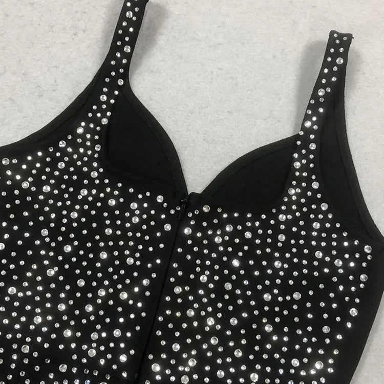 New Women Sexy V Neck Diamonds Beading Black Maxi Long Celebrity Bodycon Bandage Dress 2025 Elegant Evening Club Party Dress