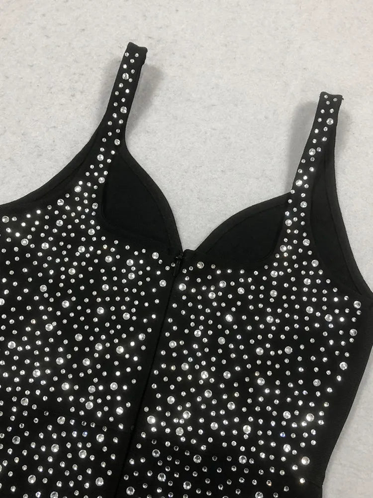 New Women Sexy V Neck Diamonds Beading Black Maxi Long Celebrity Bodycon Bandage Dress 2025 Elegant Evening Club Party Dress