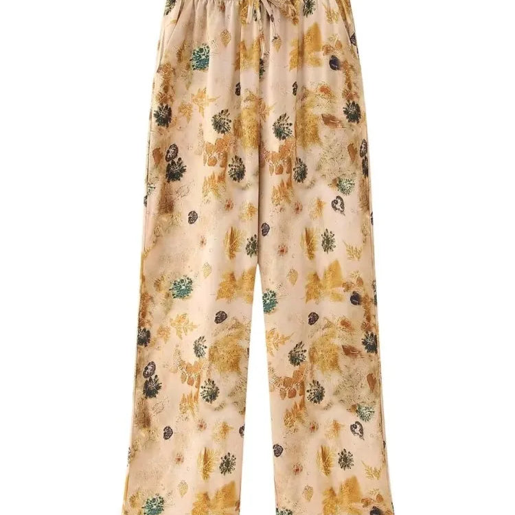 Aonibeier Thin Satin Printed Women Loose Shirt Suits Traf Summer Long Sleeve Casual Blouse Female Wide Pants Sets Y2K One Piece Pants