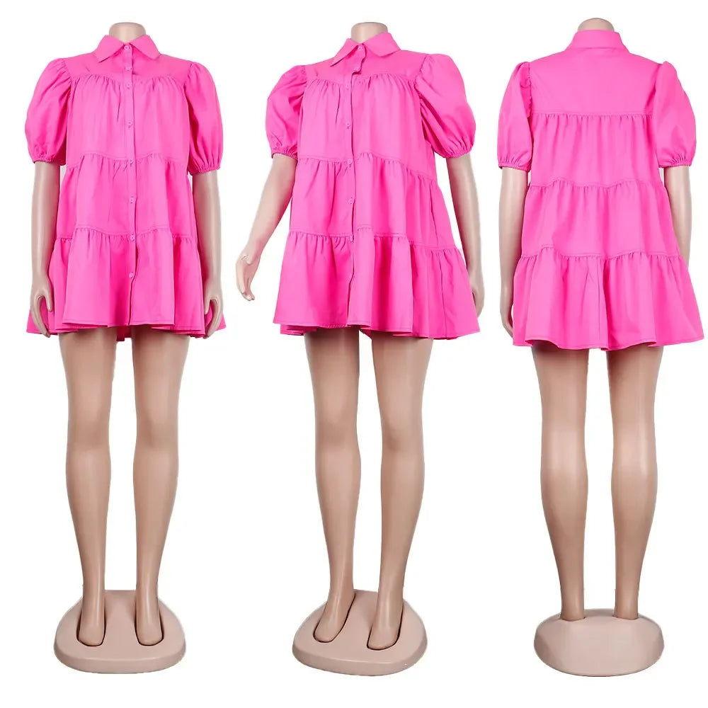 Elegant Women Puff Sleeve Single Breasted Lapel Collar Babydoll Dress Street White Big Swing Loose Smock Shirt Dresses