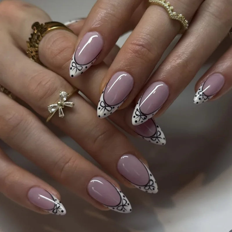 24pcs Short Almond Press on Nails French Black Bow Dot Print False Nails Wearable Reusable Spicy Girl Korean Fake Nails 2