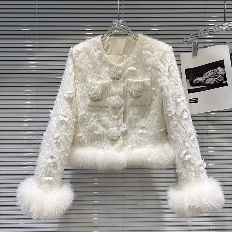 Winter New Fashion Style Fox Fur Sleeve Edge Beaded Flower Button Fluffy Cotton Short Coat For Women Jacket 11A07456 White