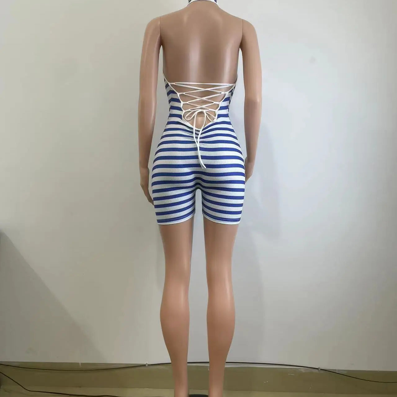 Women Striped Sleeveless Halter Romper and Playsuit Backless Lace Up 2025 Summer Night Club Chic One Piece Suit Jumpsuit