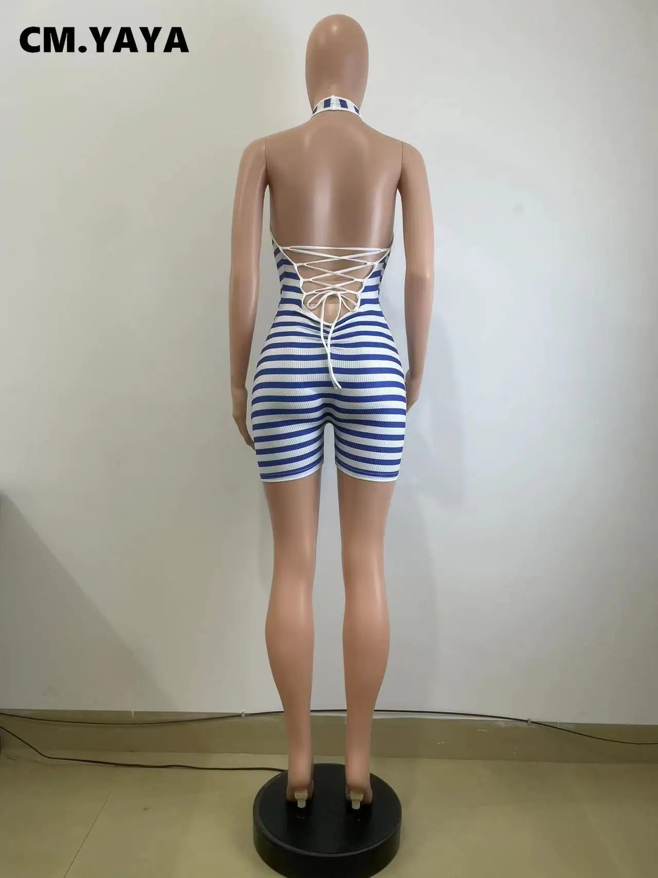 Women Striped Sleeveless Halter Romper and Playsuit Backless Lace Up 2025 Summer Night Club Chic One Piece Suit Jumpsuit