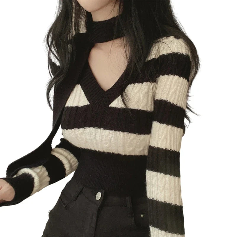 Elegant Scarf Collar and Cable Knit Long Sleeve Striped Skinny Sweater for Women Black