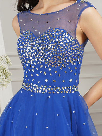 Robe de soirée courte bleu Royal pour Juniors, en Tulle à perles, col rond, dos nu, ligne A, Mini robe de bal pour femmes 