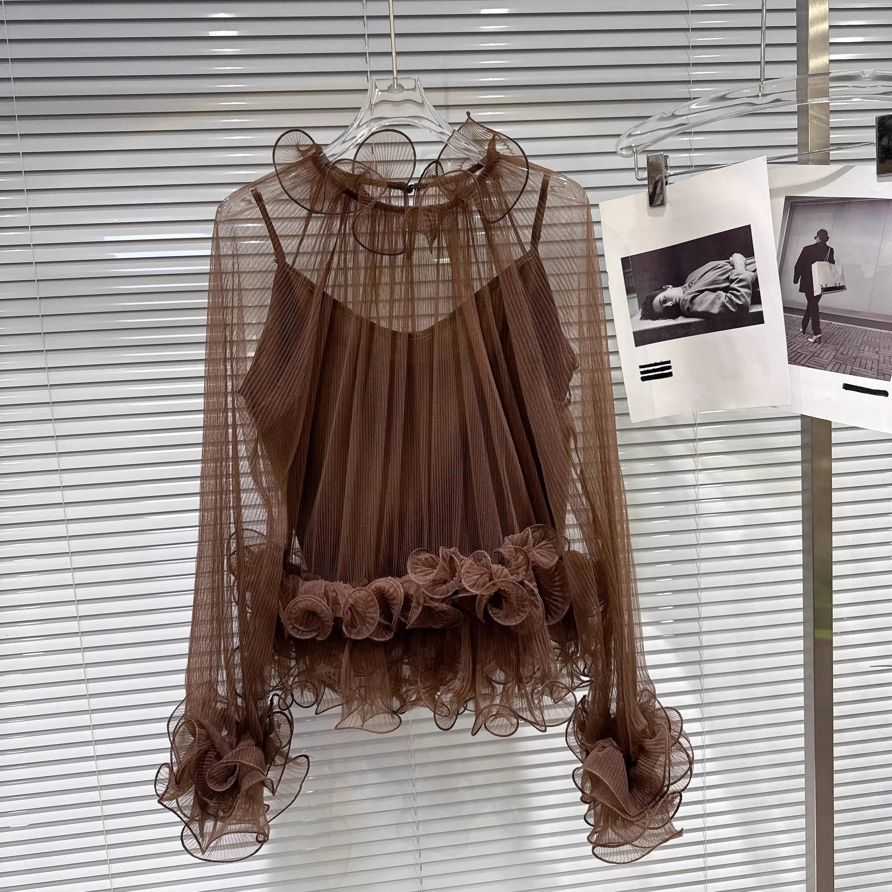 Winter New Items Style Elegant Ruched Lace Inner Camisole Chiffon Blouse For Women Loose Versatile Shirts 11A07896 Brown One Size