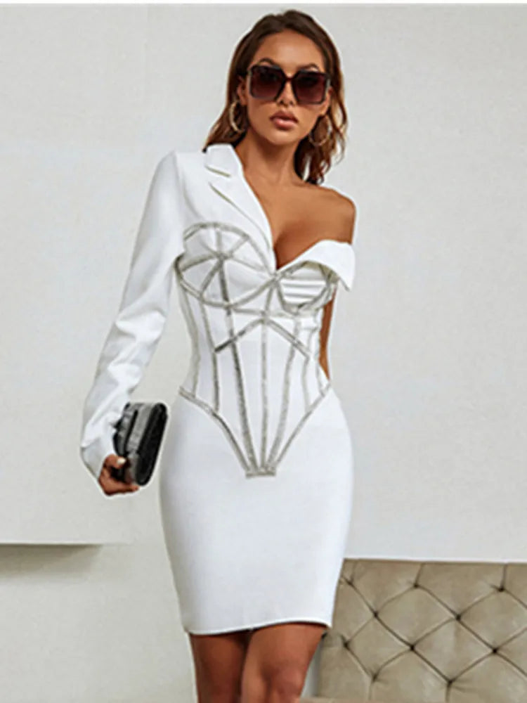 Winter Sexy Long Sleeve Single Beading Sparkly White Mini Women Bodycon Bandage Dress 2022 Elegant Evening Party Dress Vestido WHITE