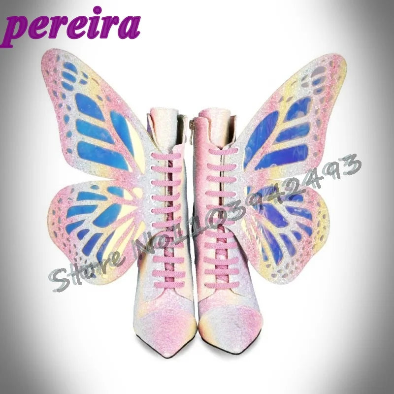 Colorful Butterfly-Wings Boots Laser Pointed Toe Botas Mid-Calf Shoes Side Zippers Zapatos De Mujer Lace Up Thin High Heel Shoe
