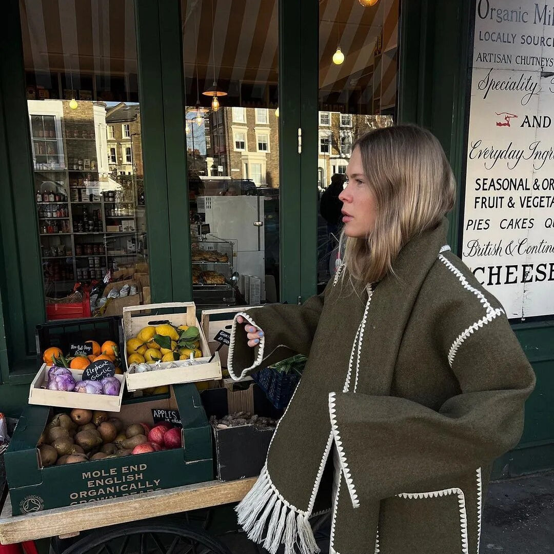 Women Woolen Coats with Tassel Scarf Autumn Winter Long Sleeve Single Breasted Warm Jackets Embroidery Pocket High Street Tops Army Green