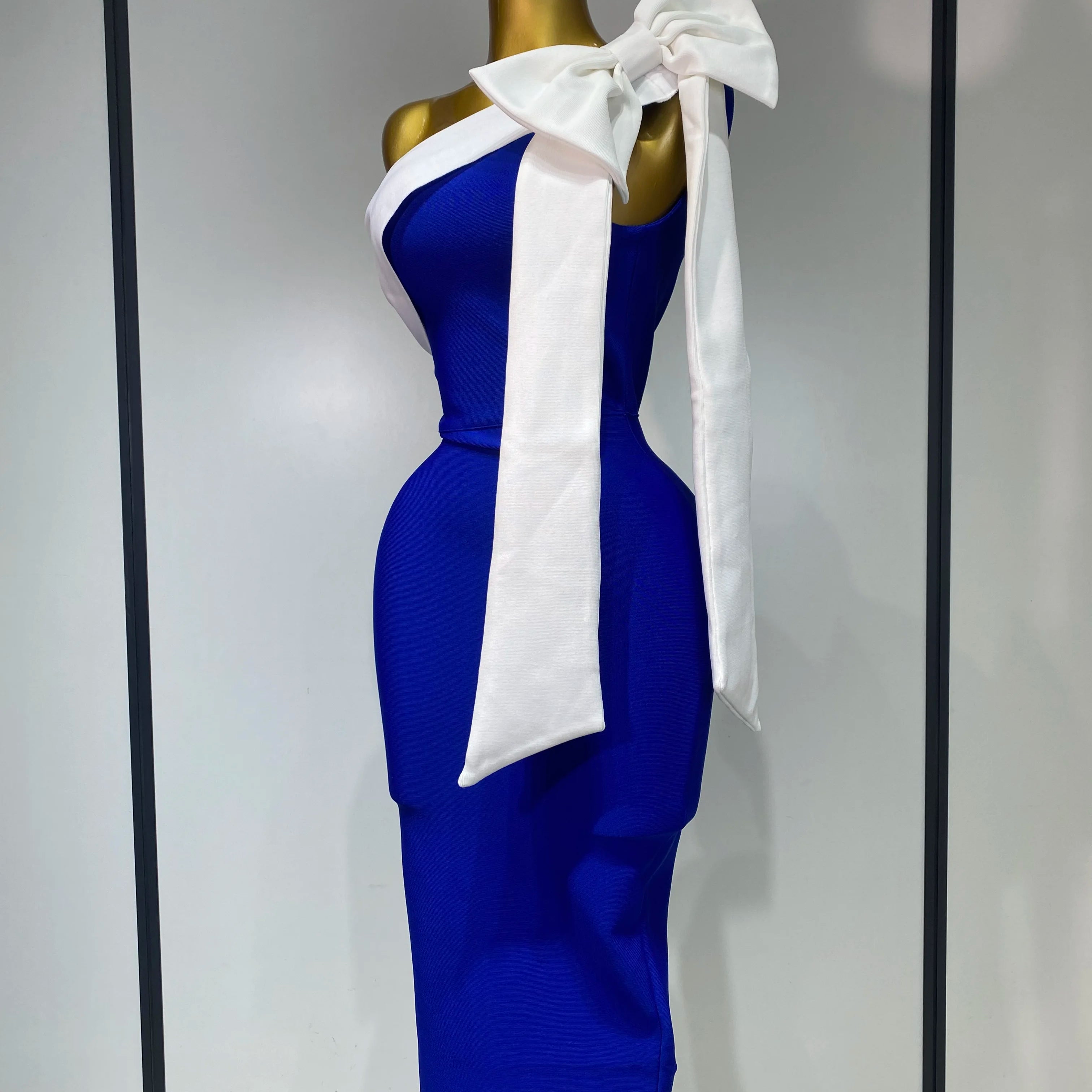 Women Sexy One Shoulder Splicing Bow Bodycon Bandaged Dress Celebrity Elegant Evening Party Luxury Birthday Banquet Dress