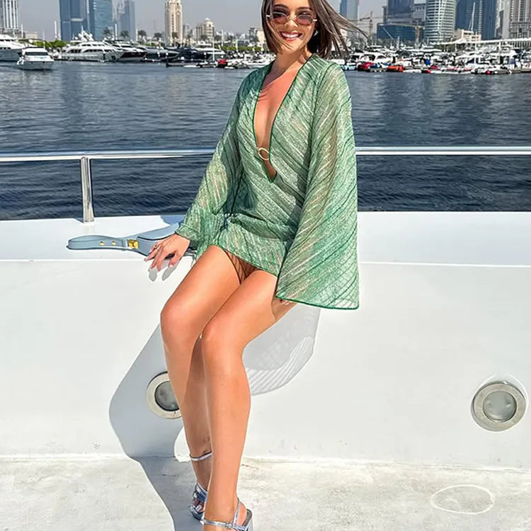 Summer Chic Shiny Striped Mini Dress Women Metal Ring Deep V-neck Flare Long Sleeve Robe New Female Evening Party Vestidos 2025