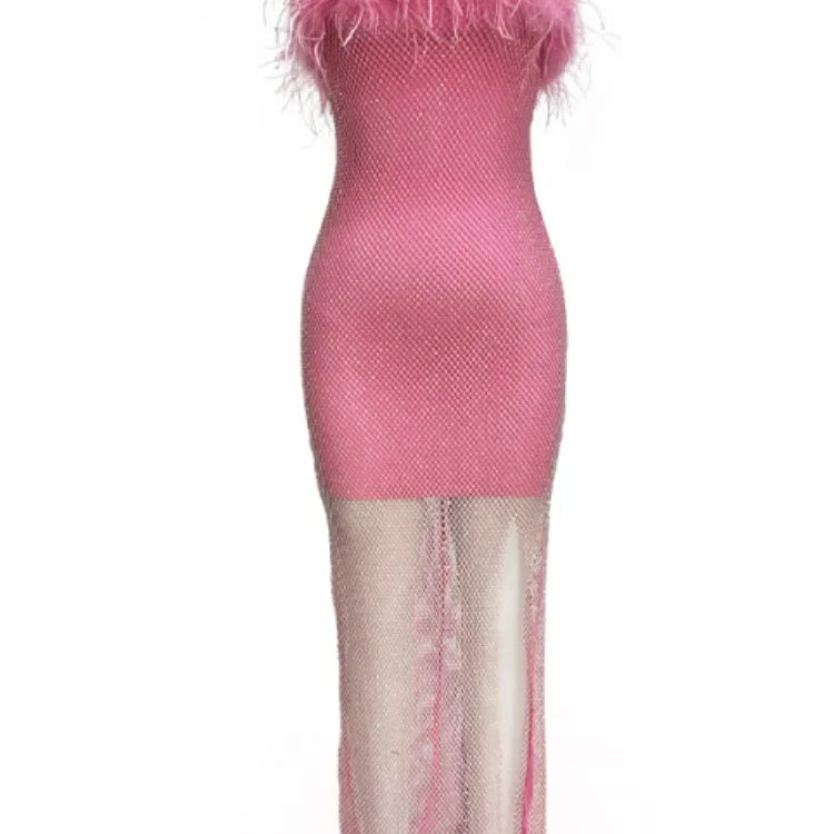 Women Sexy Strapless Ostrich Feathers Pink Crystal Bodycon Bandage Dress 2024 High Street Shineing Split Party Dress Vestido