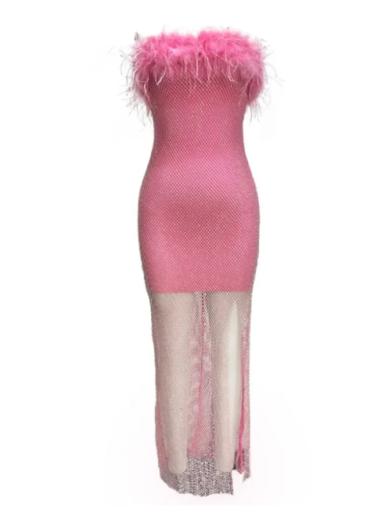 Women Sexy Strapless Ostrich Feathers Pink Crystal Bodycon Bandage Dress 2024 High Street Shineing Split Party Dress Vestido