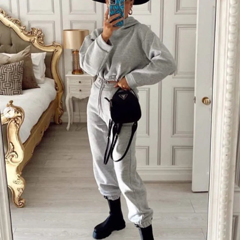 Winter Two Piece Sets Women Tracksuit Oversized Suit Autumn Trouser Suits Female Sweatshirt Solid Sports Hoodie Sportswear Gray