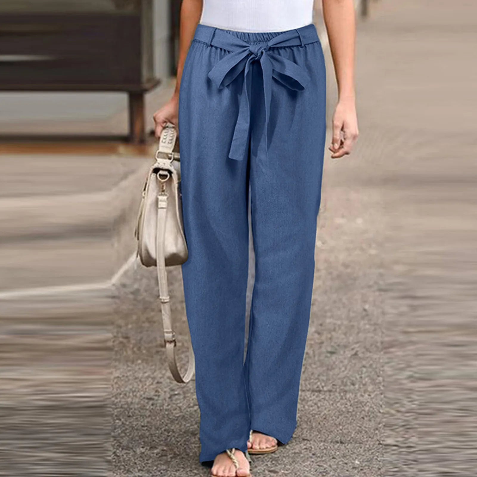 Fashion Women'S Linen Pants Solid Hight Waist Trousers Female Plus Size Ankle-Length Trousers Summer Casual Pants Oversized Blue