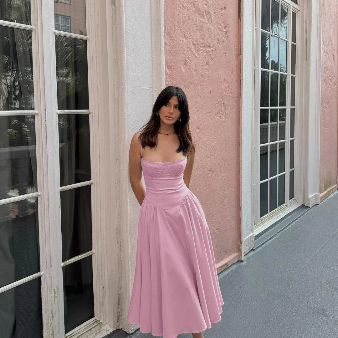 Suninheart Summer Elegant Midi Spaghetti Strap Dresses Slim V Neck A Line Party Dress Khaki Casual Dress Women's Clothing Purplepink