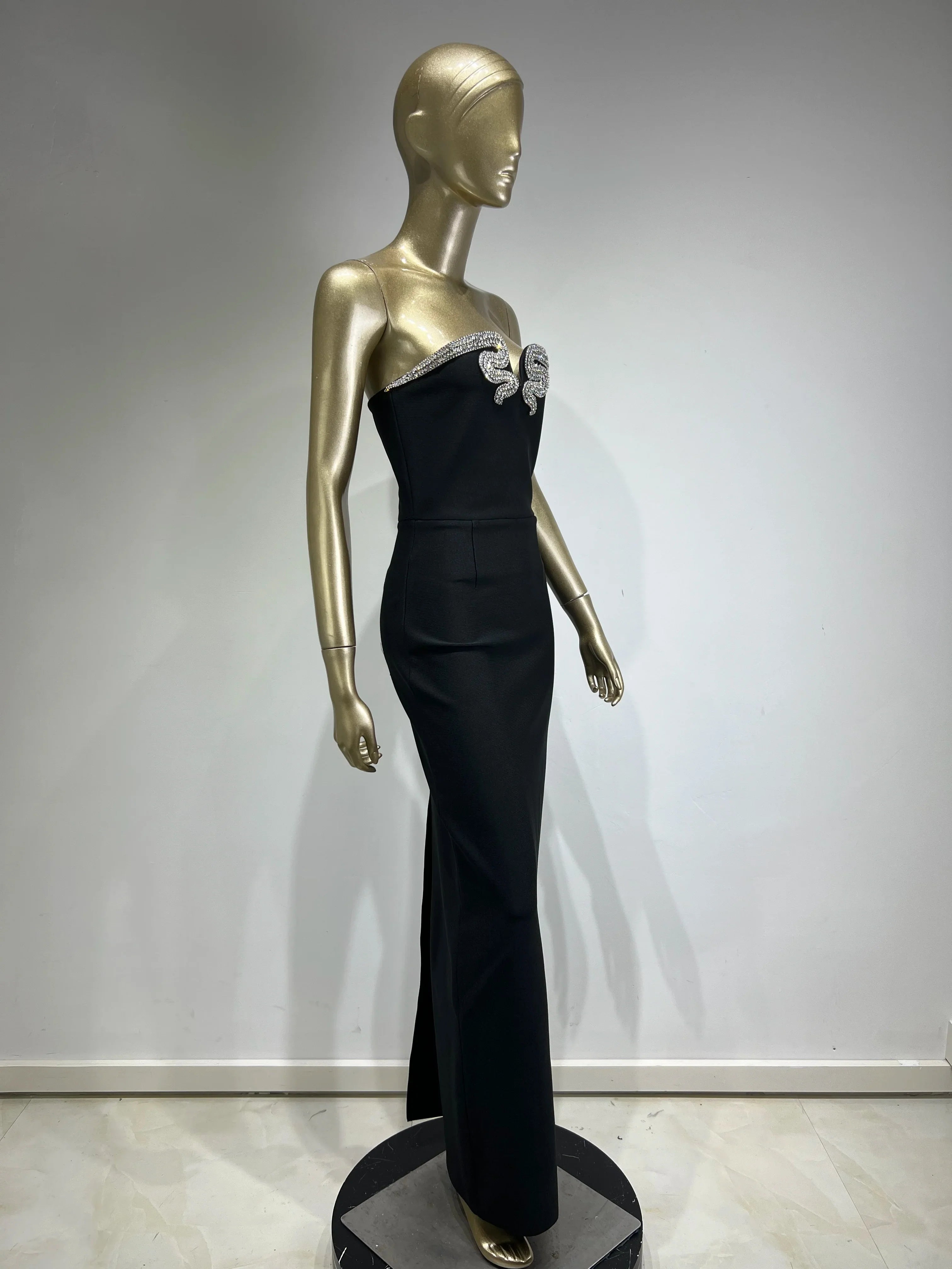 Women Celebrity Sexy Strapless Backless Diamonds Black Maxi Long Bodycon Bandage Dress Elegant Evening Club Party Dress