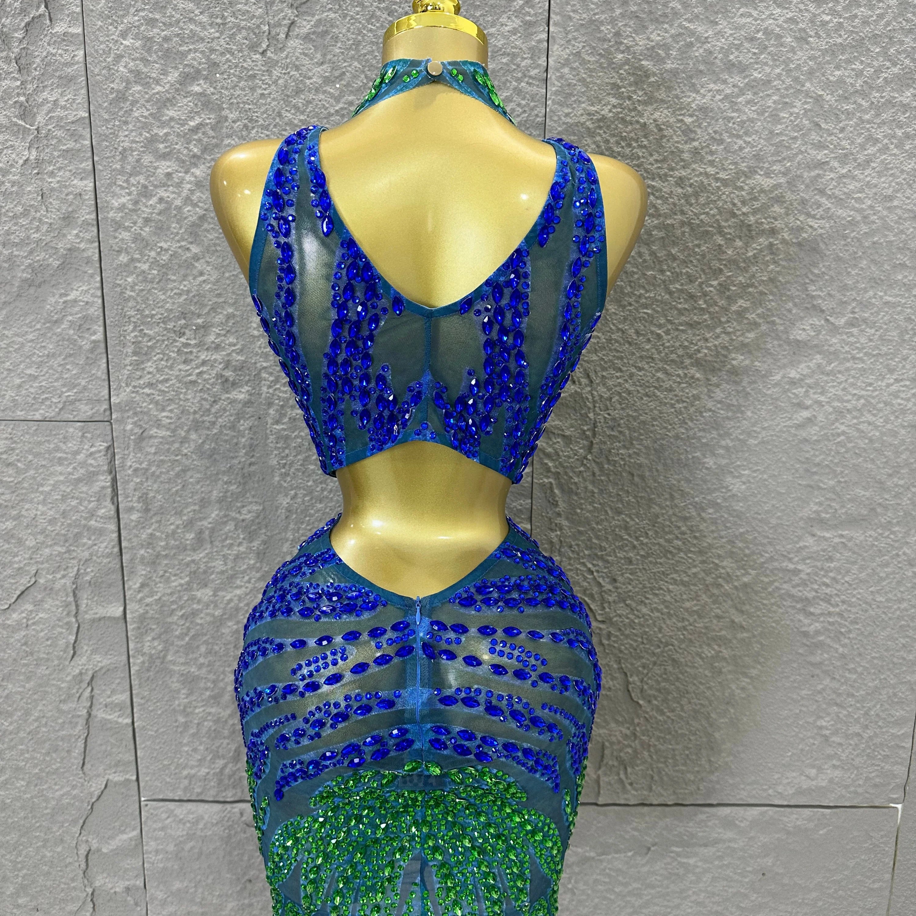 Sexy Blue Green High Neck Two Piece Set Women Sheer Mesh Full Crystal Crop Top Mini Skirt Outfit Formal Event Party Costume