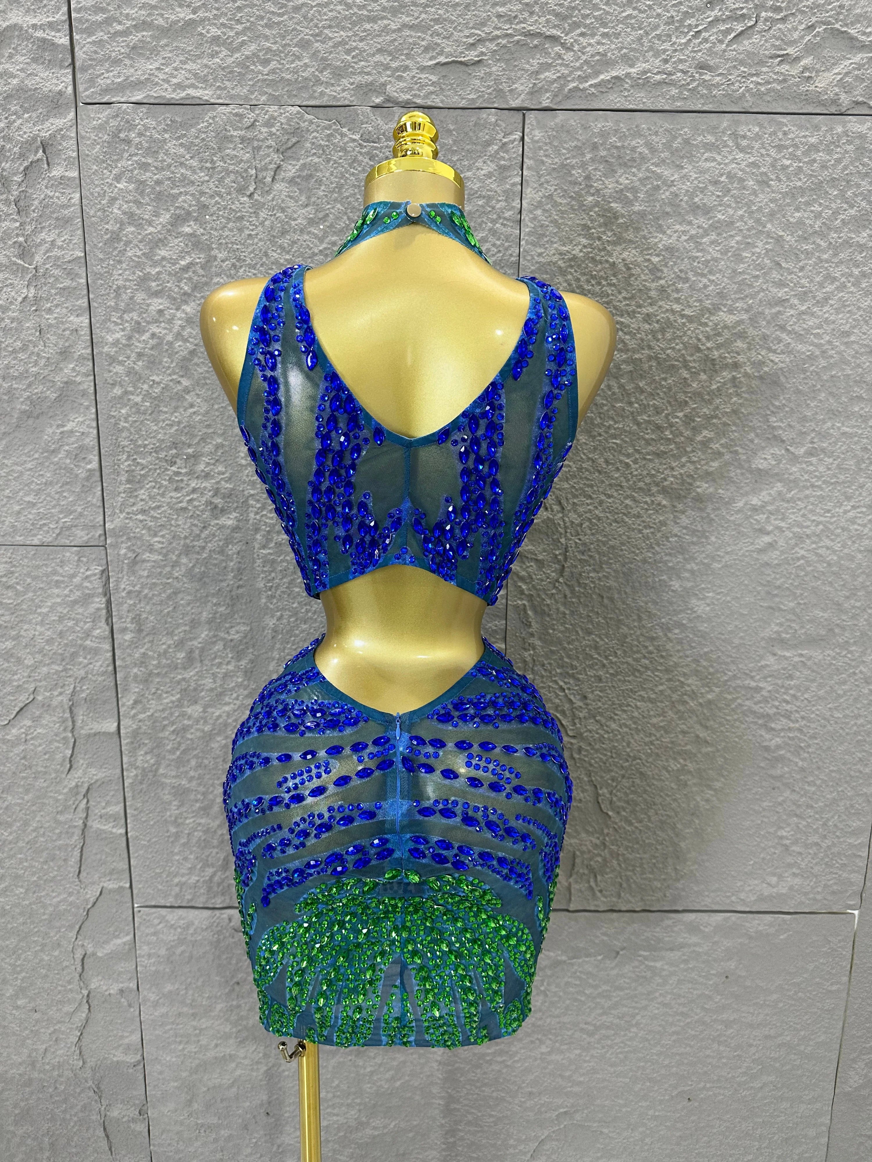 Sexy Blue Green High Neck Two Piece Set Women Sheer Mesh Full Crystal Crop Top Mini Skirt Outfit Formal Event Party Costume