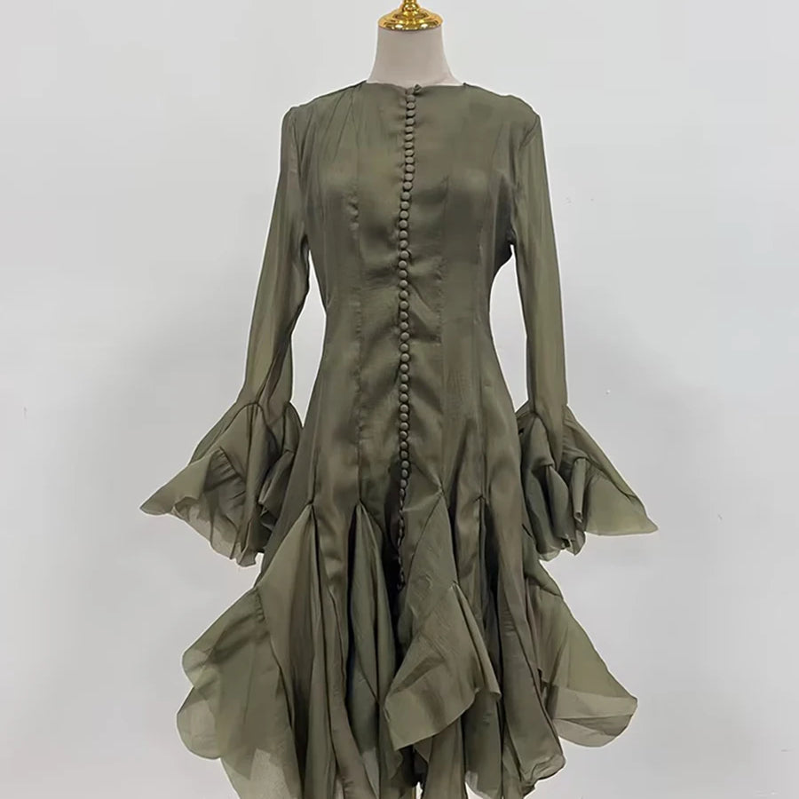 Solid Spliced Button Slimming Dresses For Women O Neck Long Sleeve High Waist Patchwork Ruffles Female Fashion New