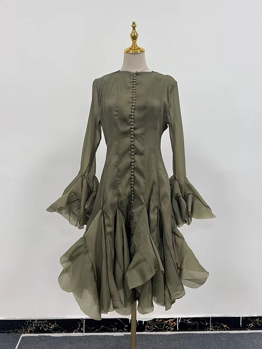 Solid Spliced Button Slimming Dresses For Women O Neck Long Sleeve High Waist Patchwork Ruffles Female Fashion New