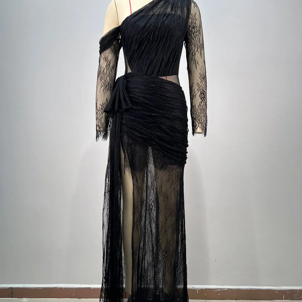 2025 Women's Light Luxury Lace Maxi Dress Diagonal Collar Lace Long Sleeve Bodycon Draped Split Sexy Long Dresses Party Vestidos black