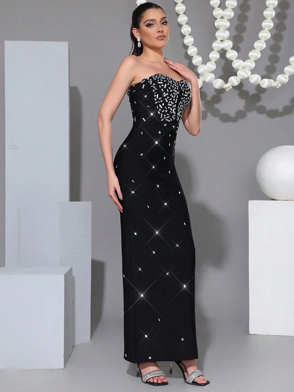 2025 Sexy Women's Nail Bead Design Bandage Dress Strapless Sleeveless Bodycon Backless Long Dress Cocktail Dinner Dress Vestitos