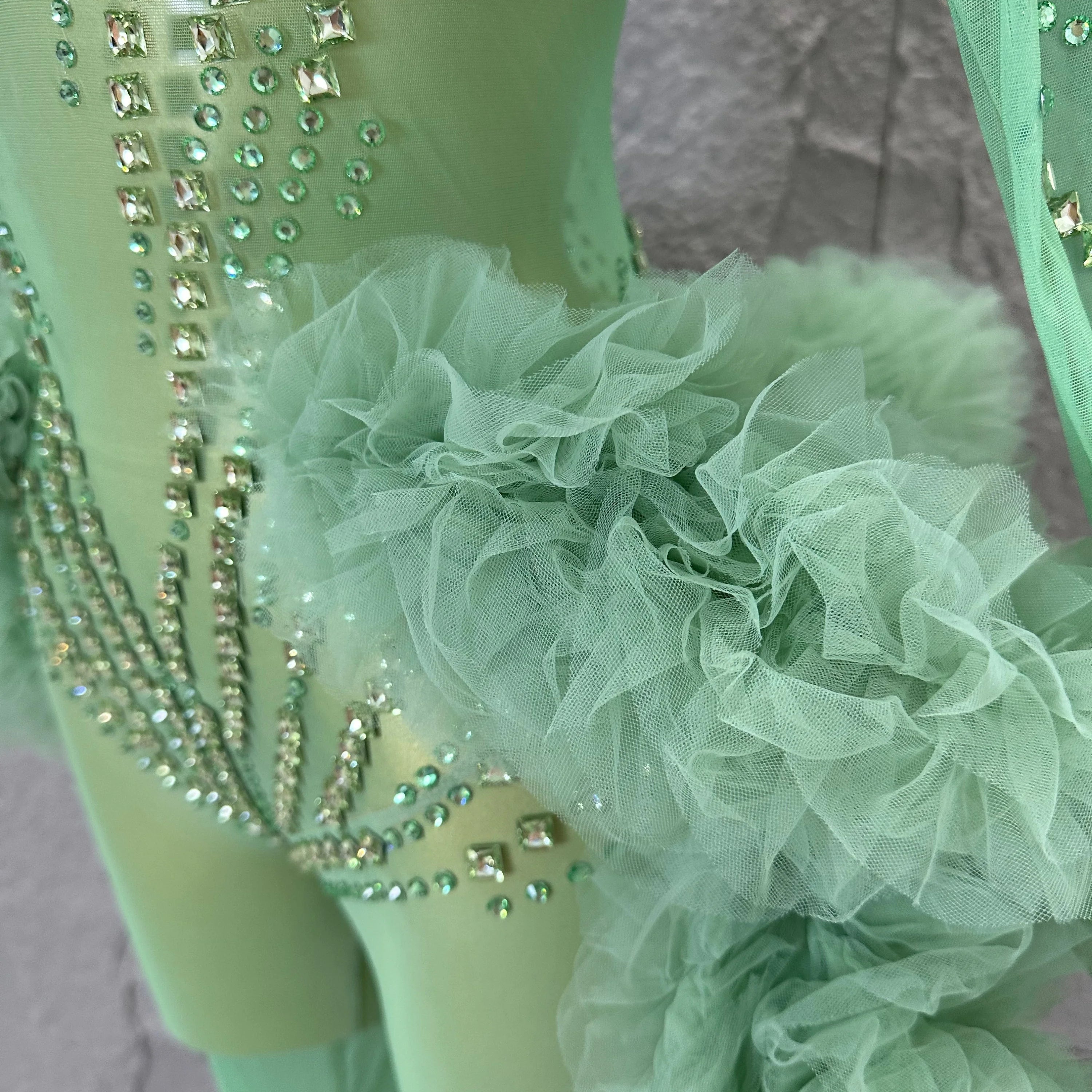 Sparkly Green Long Sleeve Bodysuit Women Stage Performance Sheer Mesh Rhinestone Embellished Ruffle Tulle Latin Dance Costume