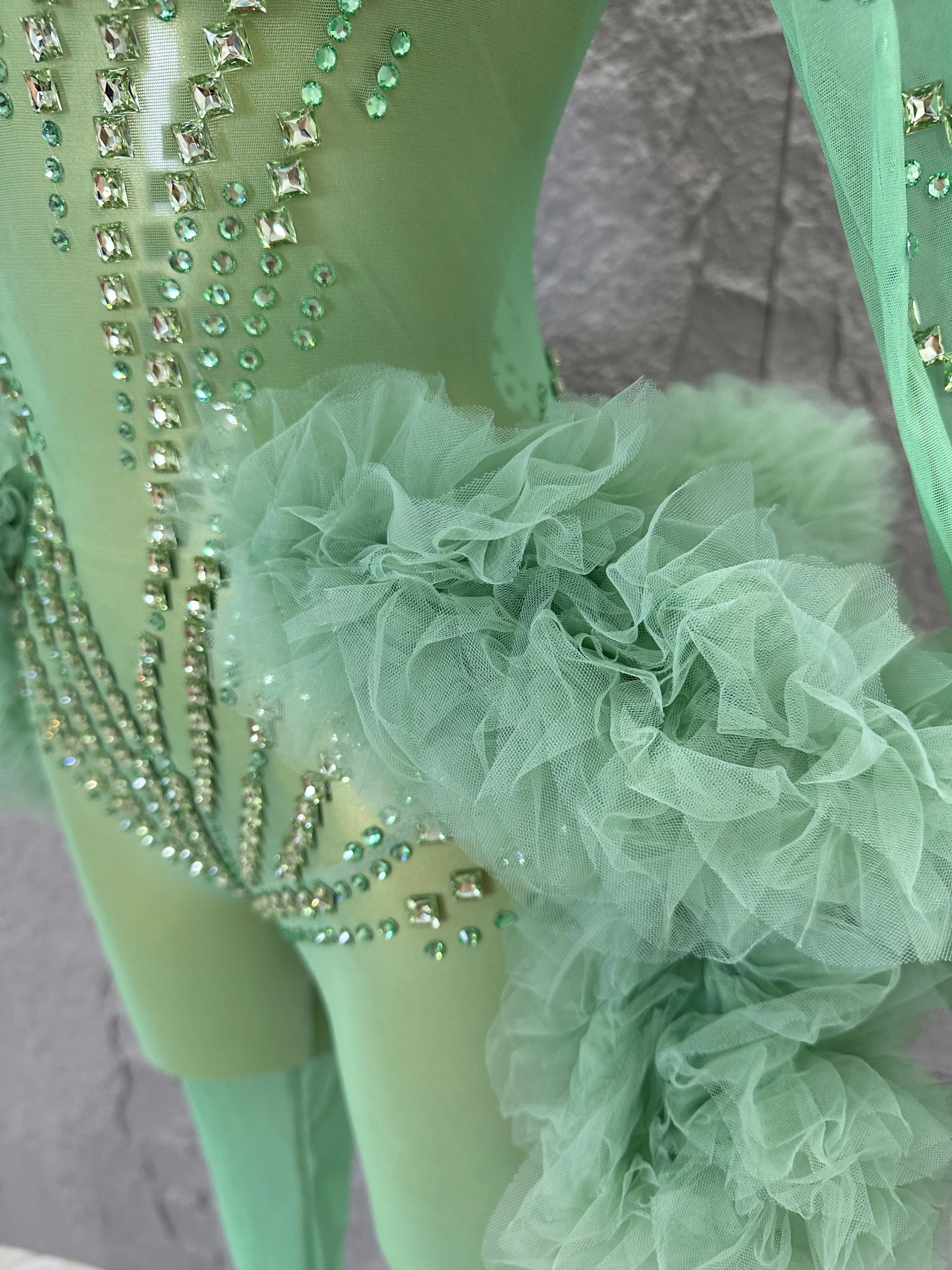 Sparkly Green Long Sleeve Bodysuit Women Stage Performance Sheer Mesh Rhinestone Embellished Ruffle Tulle Latin Dance Costume
